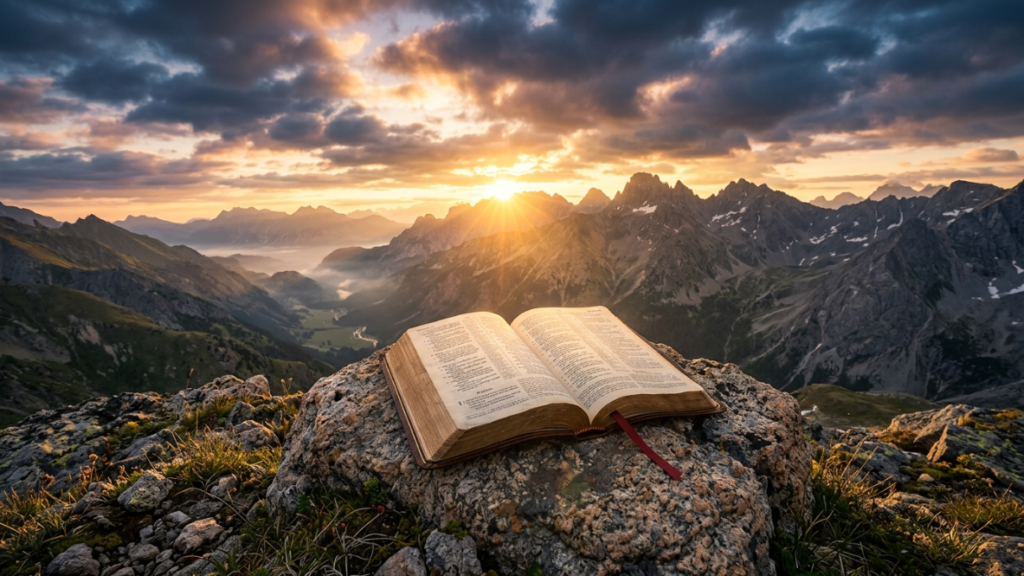 Bíblia aberta ao nascer do sol simbolizando a esperança em Deus.