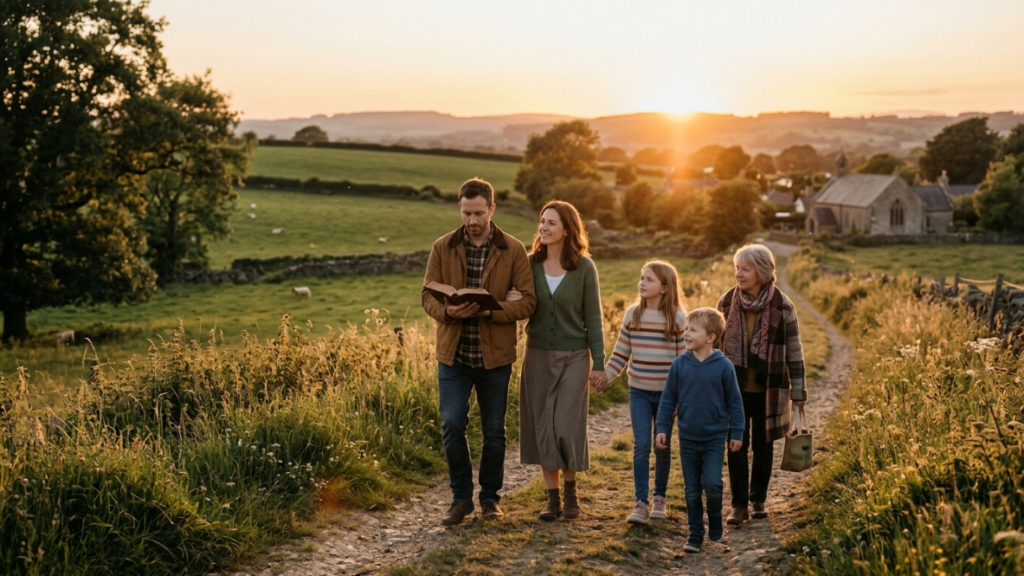 Família cristã caminhando com esperança confiando em Deus.