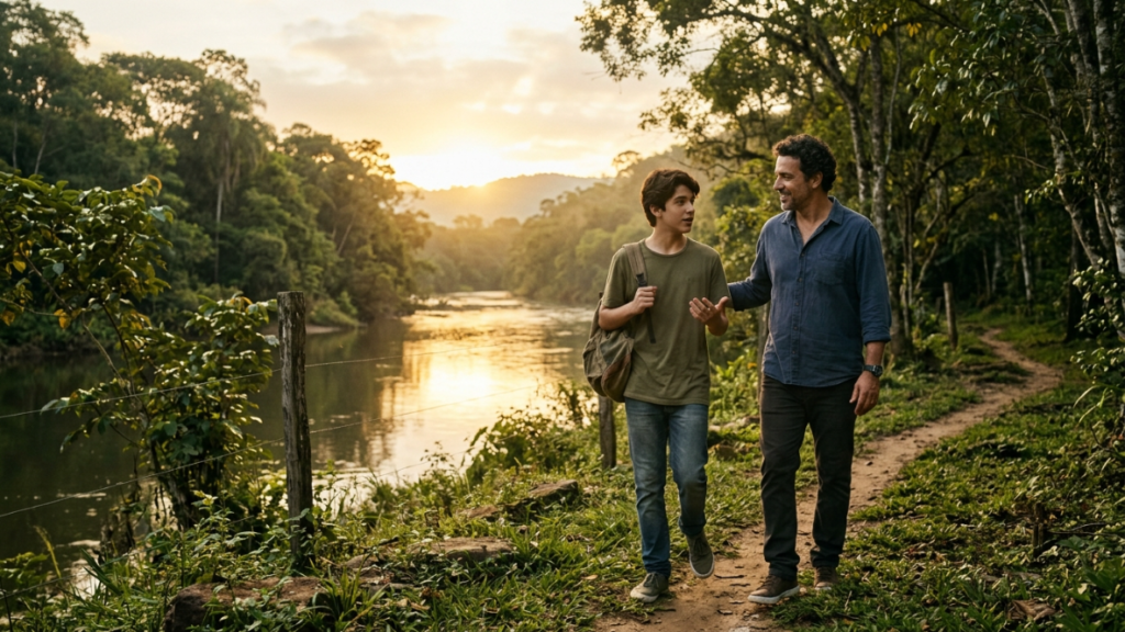 COMO DESENVOLVER UM RELACIONAMENTO COM DEUS 3 Pai e filho conversando durante uma caminhada.