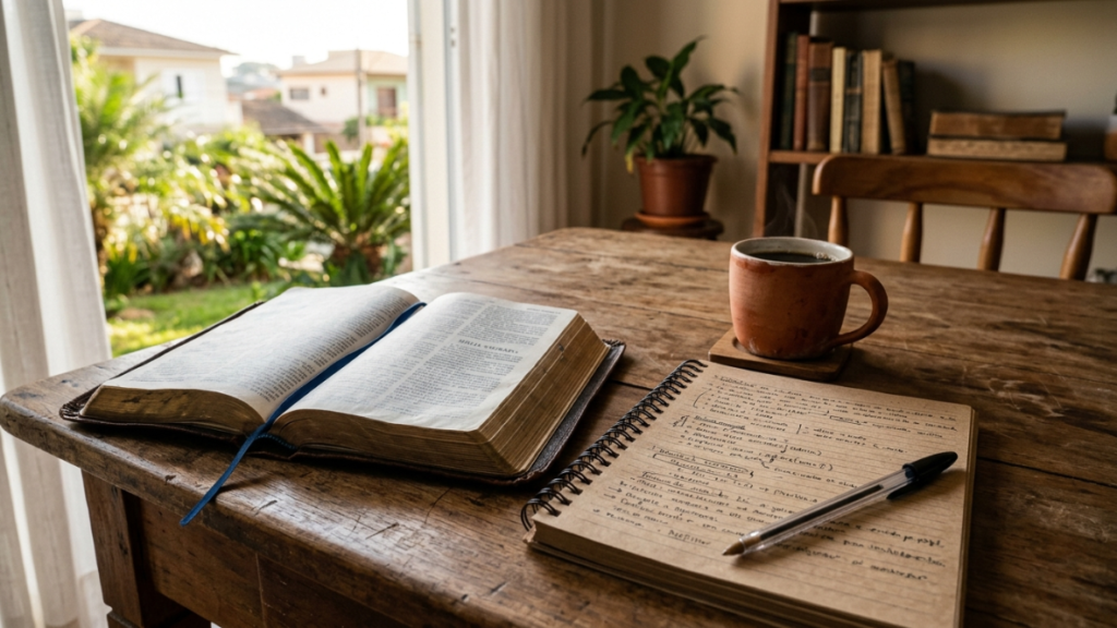COMO DESENVOLVER UM RELACIONAMENTO COM DEUS 4 Bíblia e caderno usados para desenvolver uma rotina com Deus.